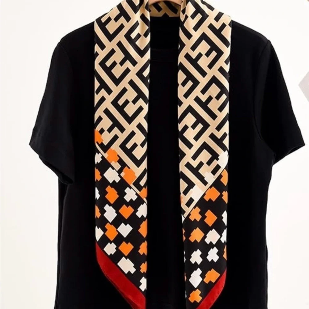 COPY - Geometric Patterned Silk like Scarf - Red, Black, Cream bandana